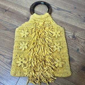 Anthropologie Yellow Handwoven Fringe Tote with Round Wooden Handle